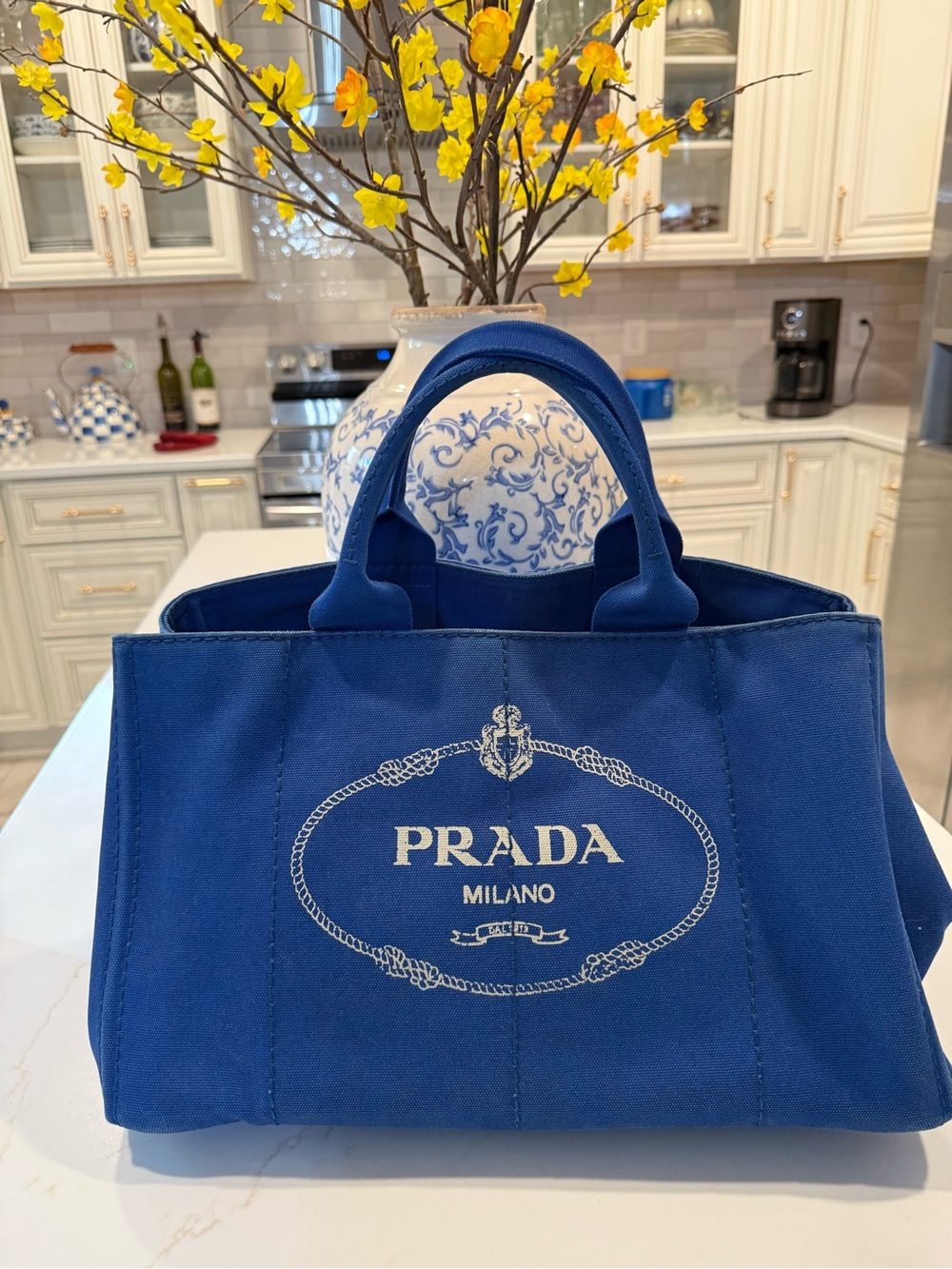 Prada Milano Blue Canvas Tote Bag-EUC